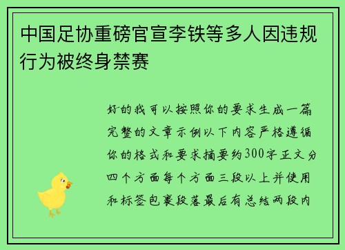 中国足协重磅官宣李铁等多人因违规行为被终身禁赛 中国足协重磅官宣李铁等多人因违规行为被终身禁赛