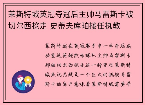 莱斯特城英冠夺冠后主帅马雷斯卡被切尔西挖走 史蒂夫库珀接任执教 莱斯特城英冠夺冠后主帅马雷斯卡被切尔西挖走 史蒂夫库珀接任执教